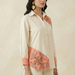 Color - Block Shirt In Cross Stitch Embroidery with Sculptural Drawstring Sleeves Co - ord Set - Western Era Co - ord set for women