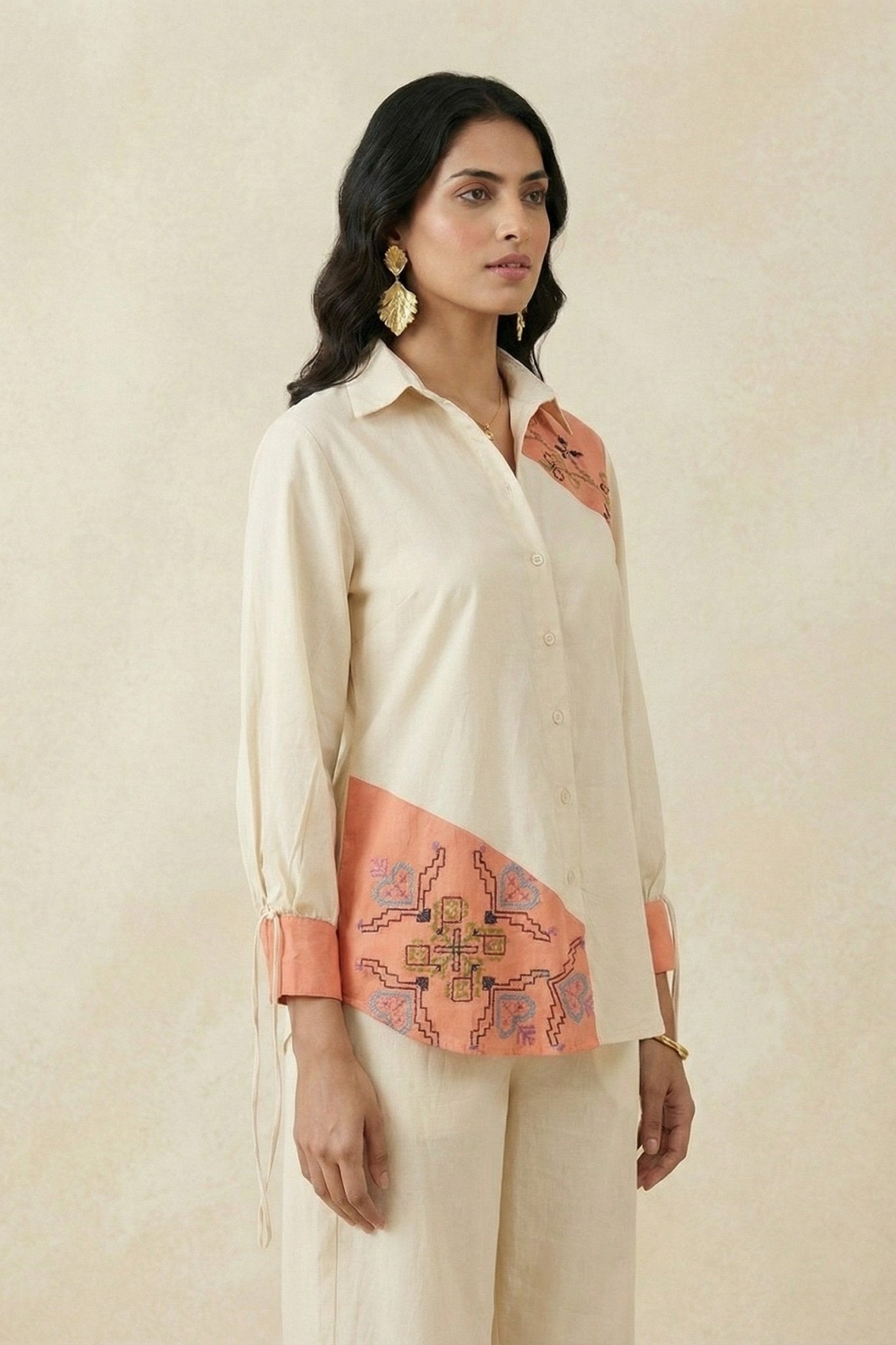 Color - Block Shirt In Cross Stitch Embroidery with Sculptural Drawstring Sleeves Co - ord Set - Western Era Co - ord set for women