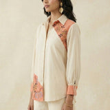 Color - Block Shirt In Cross Stitch Embroidery with Sculptural Drawstring Sleeves Co - ord Set - Western Era Co - ord set for women