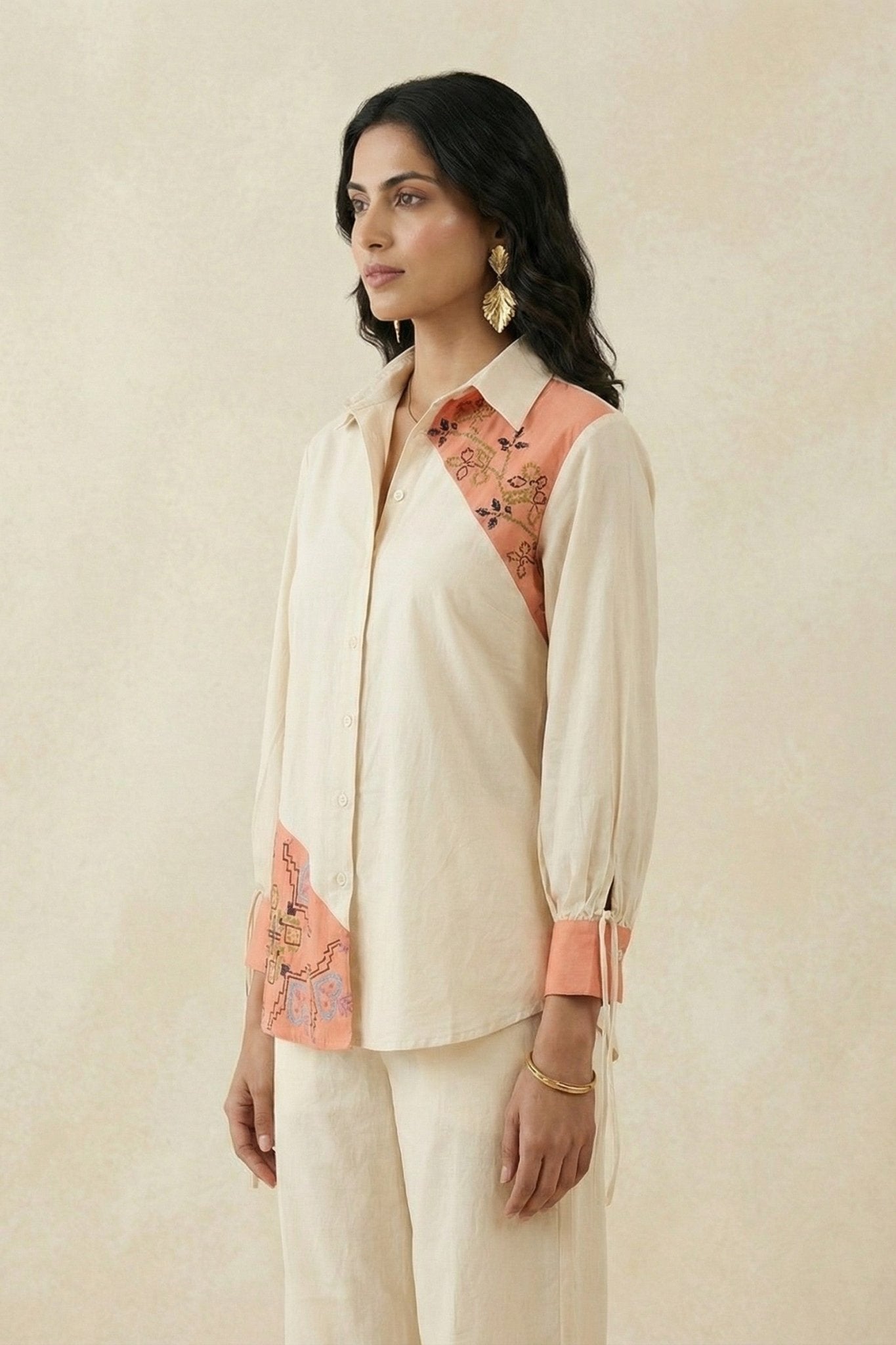 Color - Block Shirt In Cross Stitch Embroidery with Sculptural Drawstring Sleeves Co - ord Set - Western Era Co - ord set for women