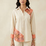 Color - Block Shirt In Cross Stitch Embroidery with Sculptural Drawstring Sleeves Co - ord Set - Western Era Co - ord set for women