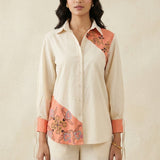 Color - Block Shirt In Cross Stitch Embroidery with Sculptural Drawstring Sleeves Co - ord Set - Western Era Co - ord set for women