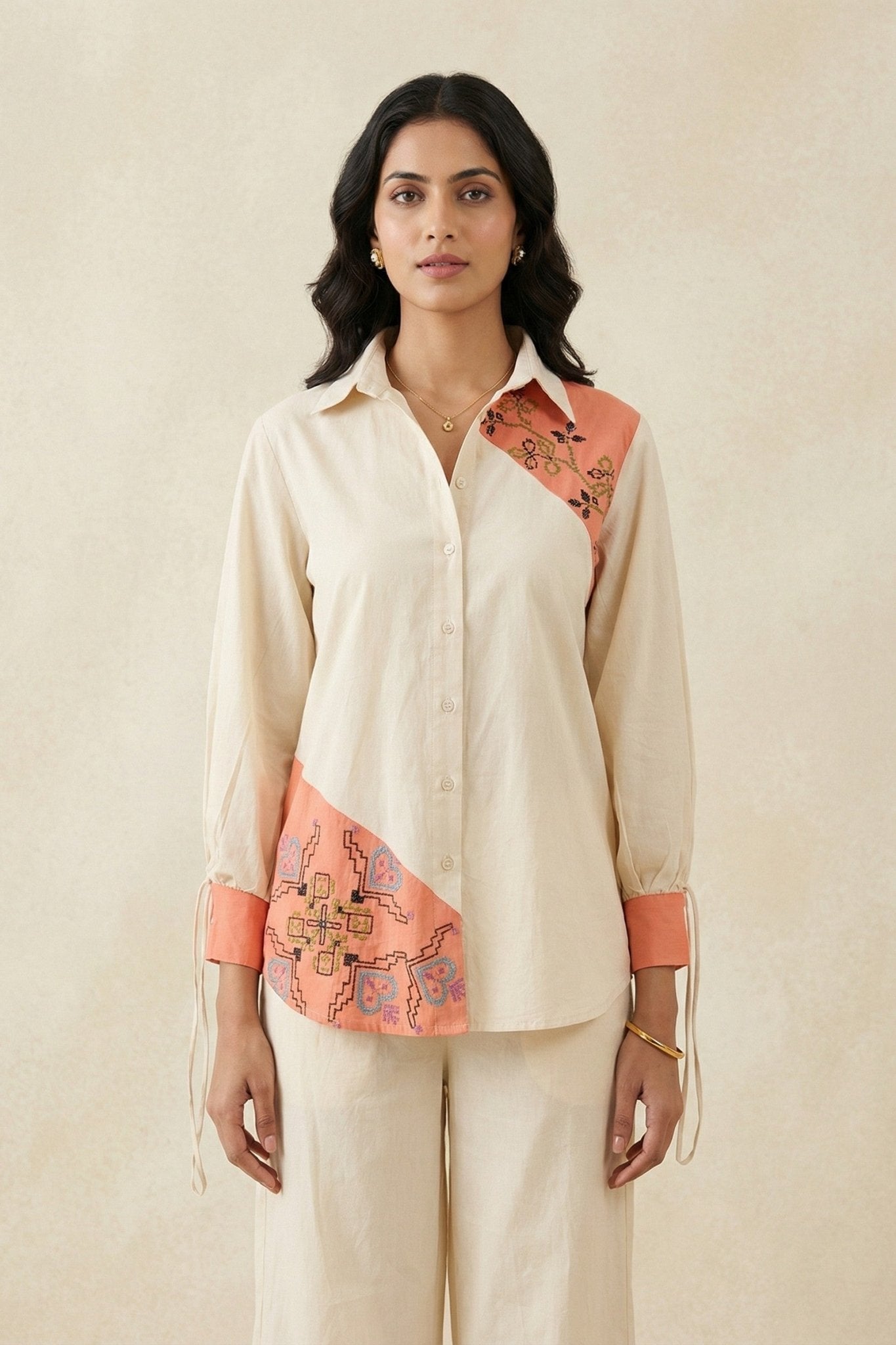Color - Block Shirt In Cross Stitch Embroidery with Sculptural Drawstring Sleeves Co - ord Set - Western Era Co - ord set for women