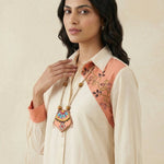 Color - Block Shirt In Cross Stitch Embroidery with Sculptural Drawstring Sleeves - Western Era for women
