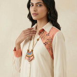 Color - Block Shirt In Cross Stitch Embroidery with Sculptural Drawstring Sleeves - Western Era for women