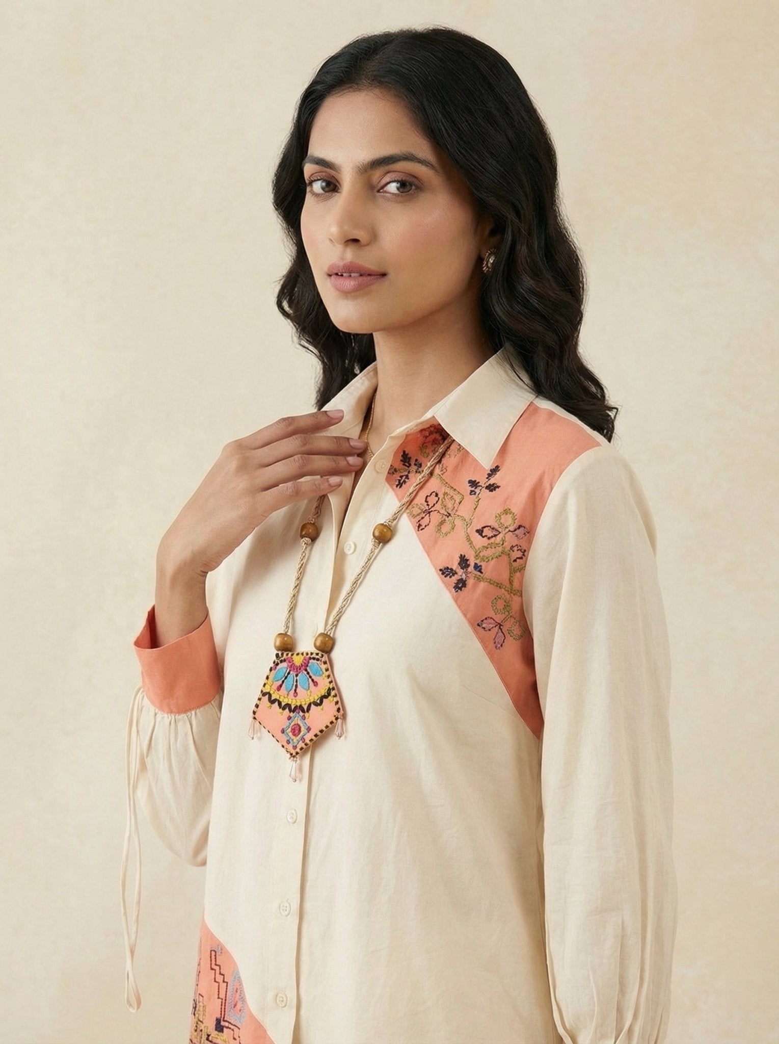 Color - Block Shirt In Cross Stitch Embroidery with Sculptural Drawstring Sleeves - Western Era for women