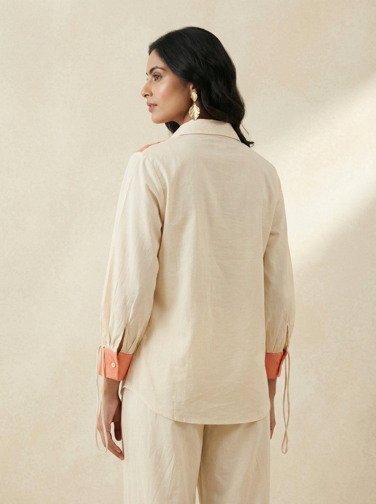 Color - Block Shirt In Cross Stitch Embroidery with Sculptural Drawstring Sleeves - Western Era for women
