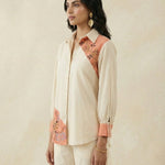 Color - Block Shirt In Cross Stitch Embroidery with Sculptural Drawstring Sleeves - Western Era for women