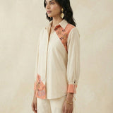 Color - Block Shirt In Cross Stitch Embroidery with Sculptural Drawstring Sleeves - Western Era for women