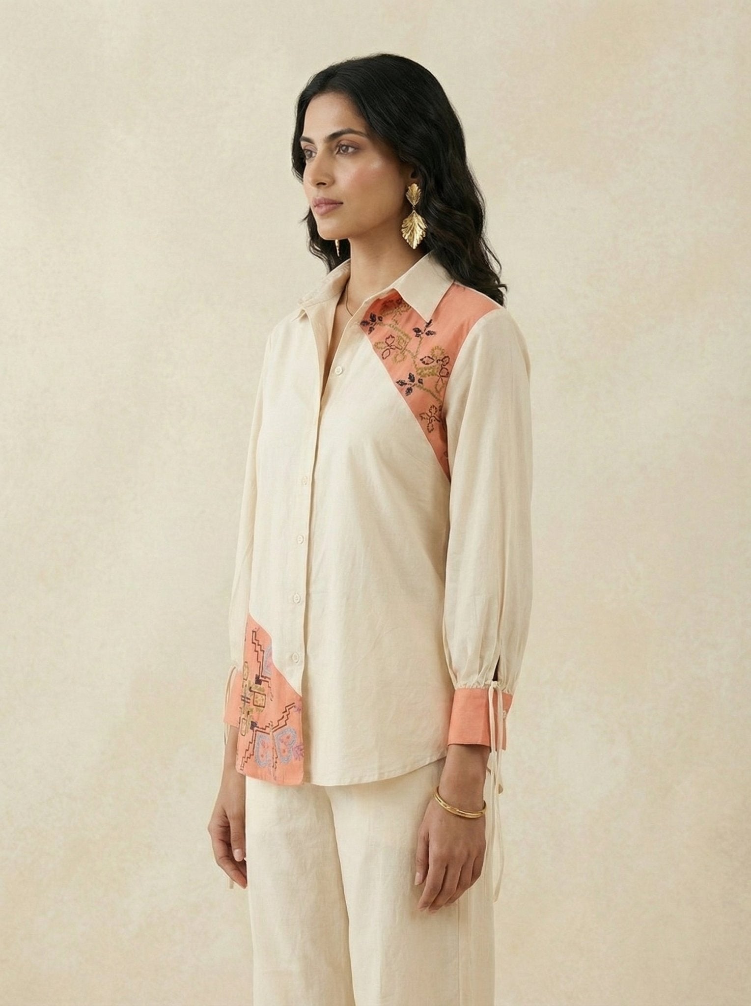 Color - Block Shirt In Cross Stitch Embroidery with Sculptural Drawstring Sleeves - Western Era for women