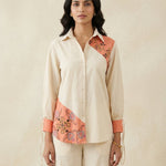 Color - Block Shirt In Cross Stitch Embroidery with Sculptural Drawstring Sleeves - Western Era for women