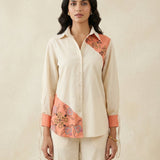 Color - Block Shirt In Cross Stitch Embroidery with Sculptural Drawstring Sleeves - Western Era for women