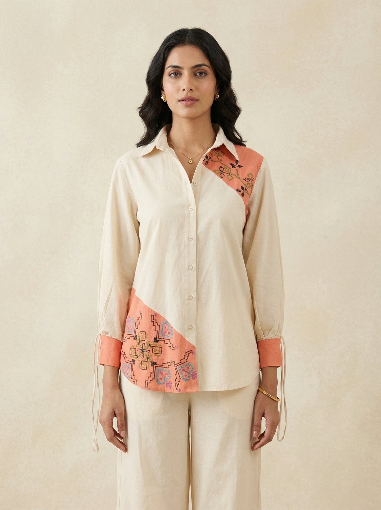 Color - Block Shirt In Cross Stitch Embroidery with Sculptural Drawstring Sleeves - Western Era for women