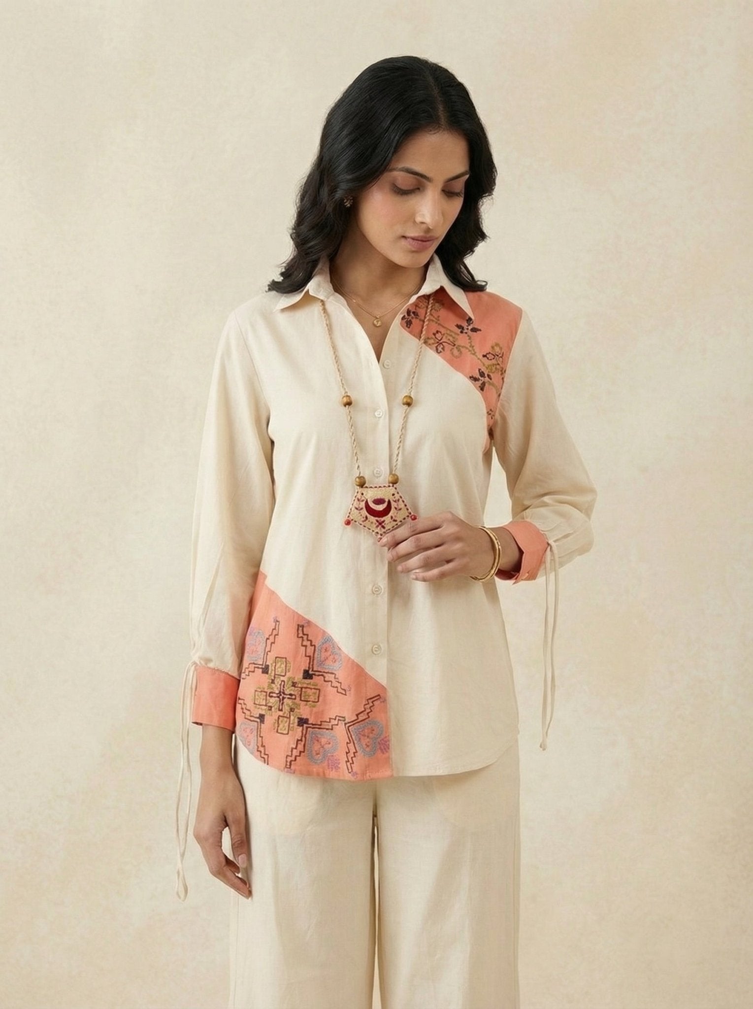 Color - Block Shirt In Cross Stitch Embroidery with Sculptural Drawstring Sleeves - Western Era for women