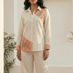 Color - Block Shirt In Cross Stitch Embroidery with Sculptural Drawstring Sleeves - Western Era for women