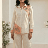 Color - Block Shirt In Cross Stitch Embroidery with Sculptural Drawstring Sleeves - Western Era for women
