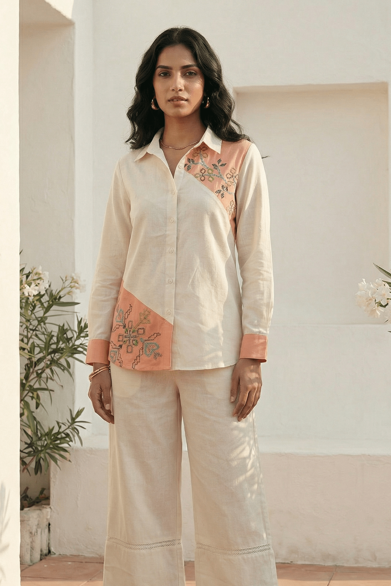 Color - Block Shirt In Cross Stitch Embroidery with Sculptural Drawstring Sleeves - Western Era for women