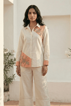 Color - Block Shirt In Cross Stitch Embroidery with Sculptural Drawstring Sleeves - Western Era for women