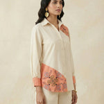 Color - Block Shirt In Cross Stitch Embroidery with Sculptural Drawstring Sleeves - Western Era for women