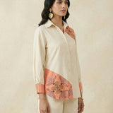 Color - Block Shirt In Cross Stitch Embroidery with Sculptural Drawstring Sleeves - Western Era for women