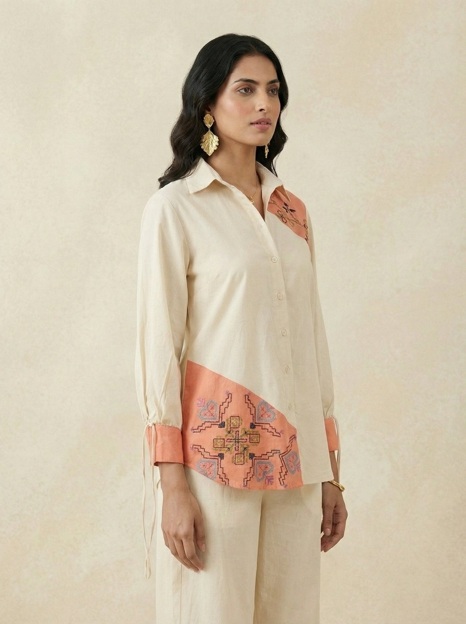 Color - Block Shirt In Cross Stitch Embroidery with Sculptural Drawstring Sleeves - Western Era for women