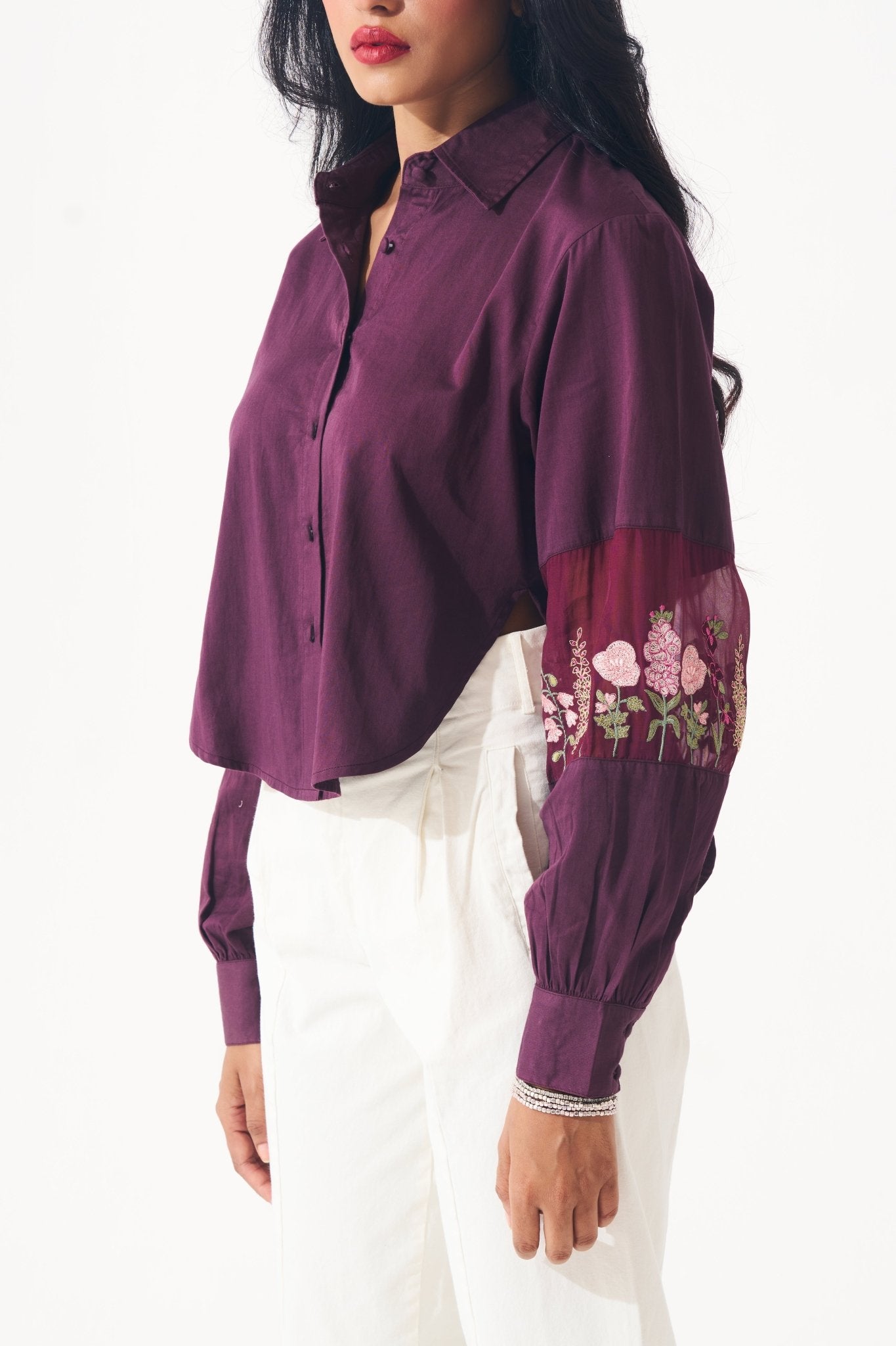 Cotton shirt with Floral Embroidered Sleeve - Western Era Tops for women