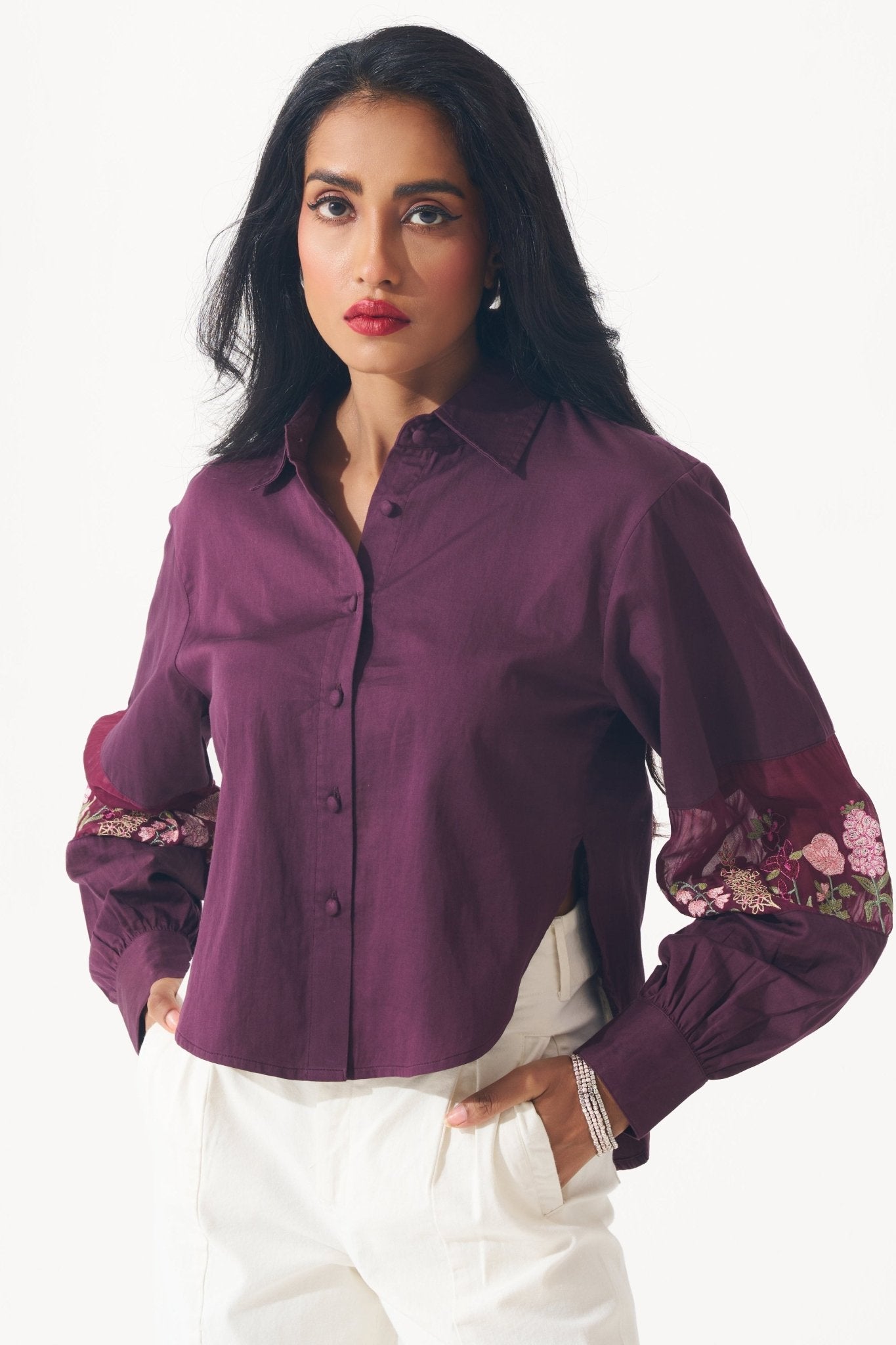 Cotton shirt with Floral Embroidered Sleeve - Western Era Tops for women