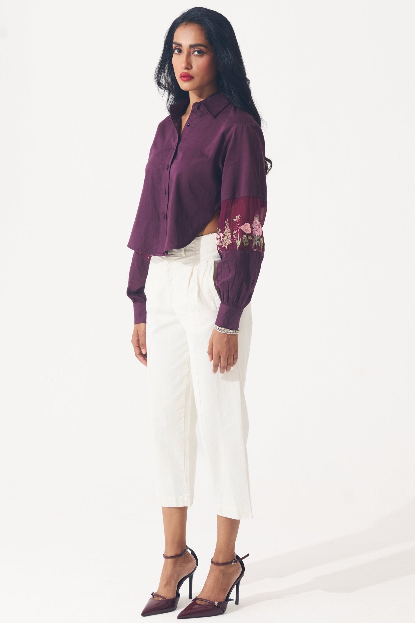 Cotton shirt with Floral Embroidered Sleeve - Western Era Tops for women