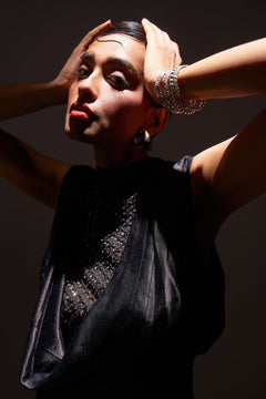 Cowl Neck Dress with Fine Embellished Neck