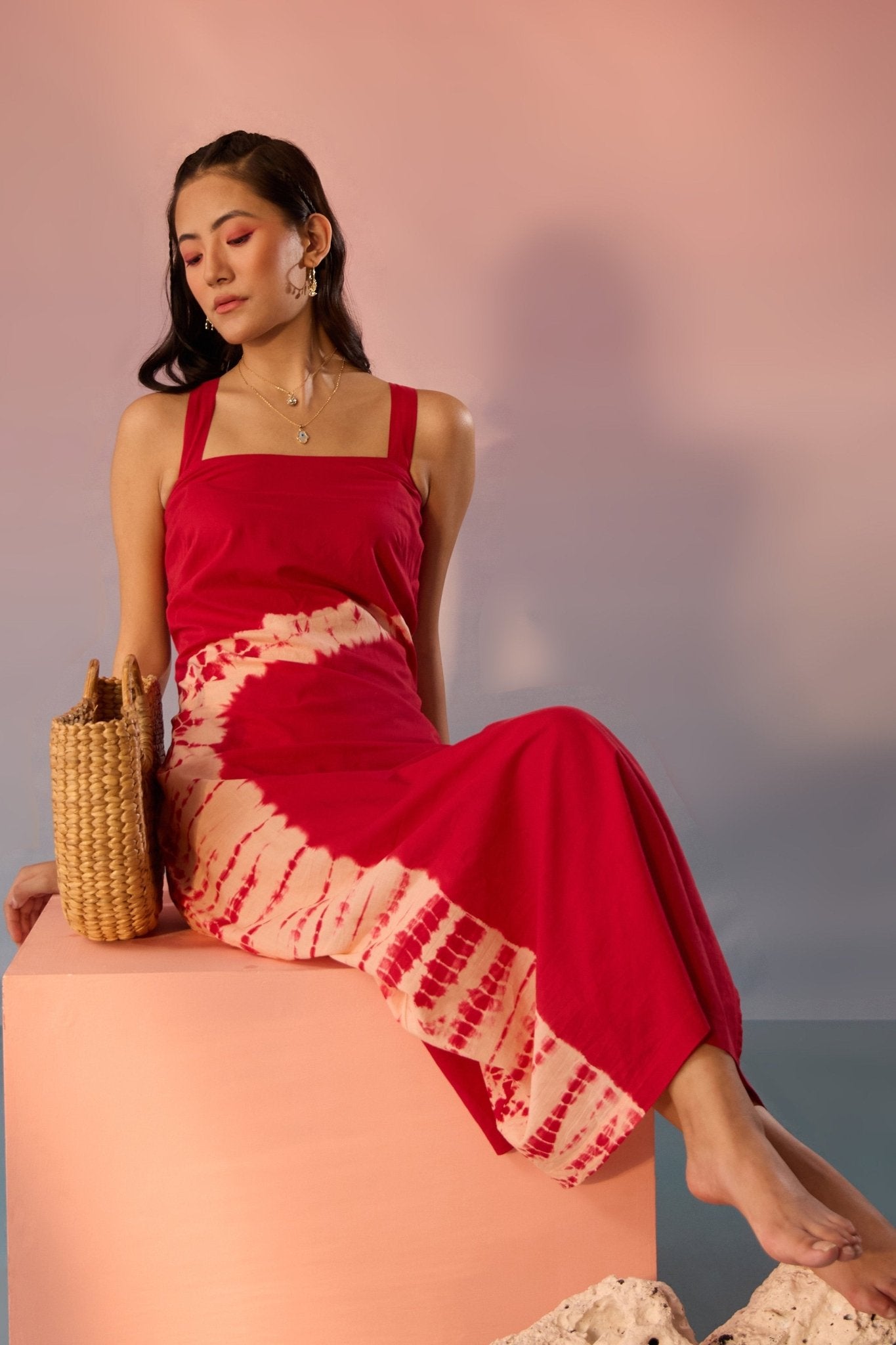 Crimson and Ivory Bandhani Tie Dye Dress - Western Era Dresses for women