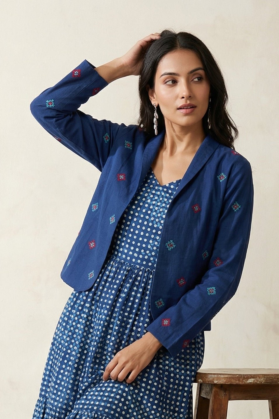 Crop Heritage Jacket with Geometric Cross - Stitch Patterns - Western Era Tops for women