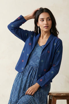 Crop Heritage Jacket with Geometric Cross - Stitch Patterns - Western Era Tops for women