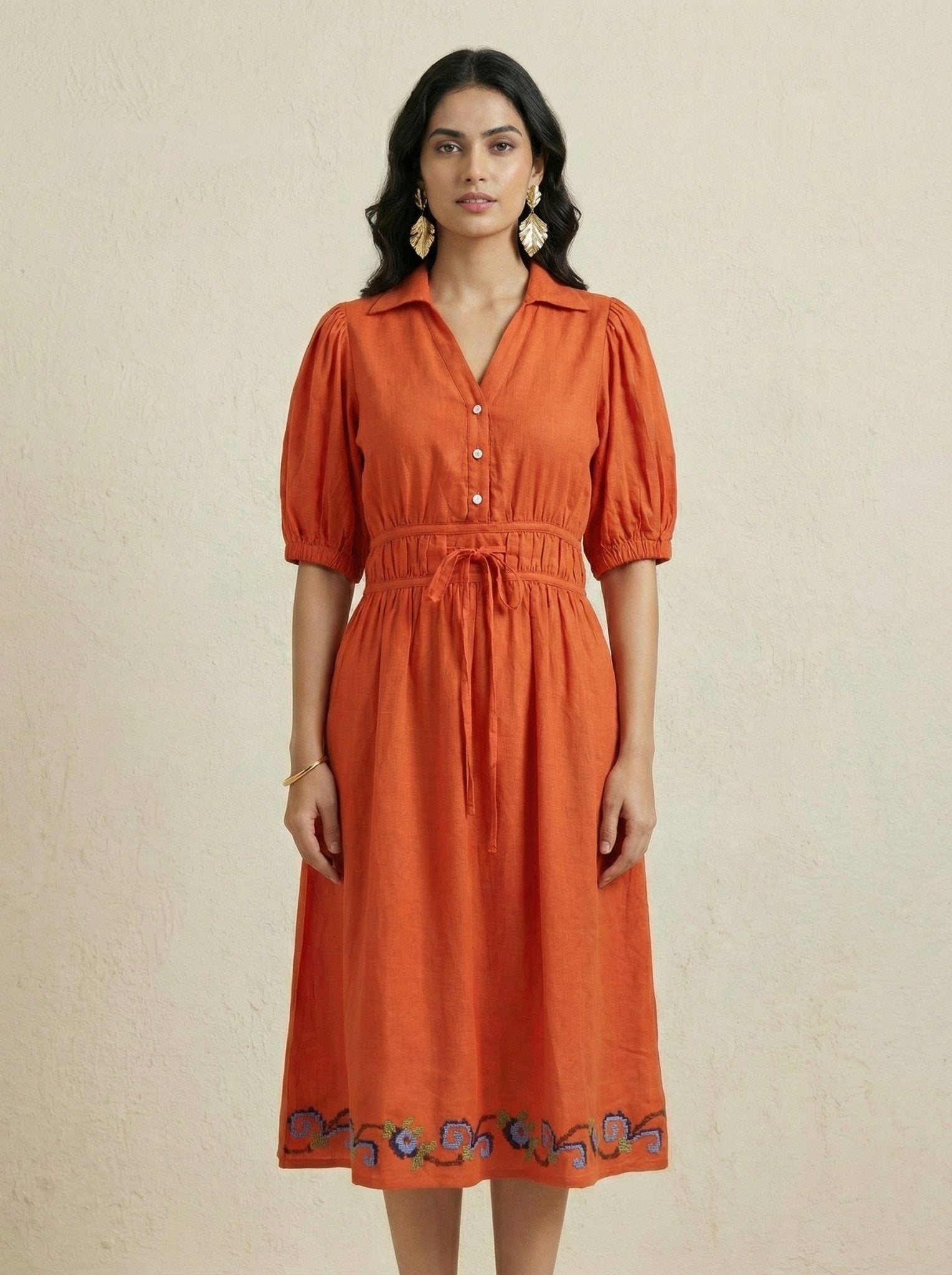 Crosscraft Gathered Dress with Embroidered Panel - Western Era Dresses for women