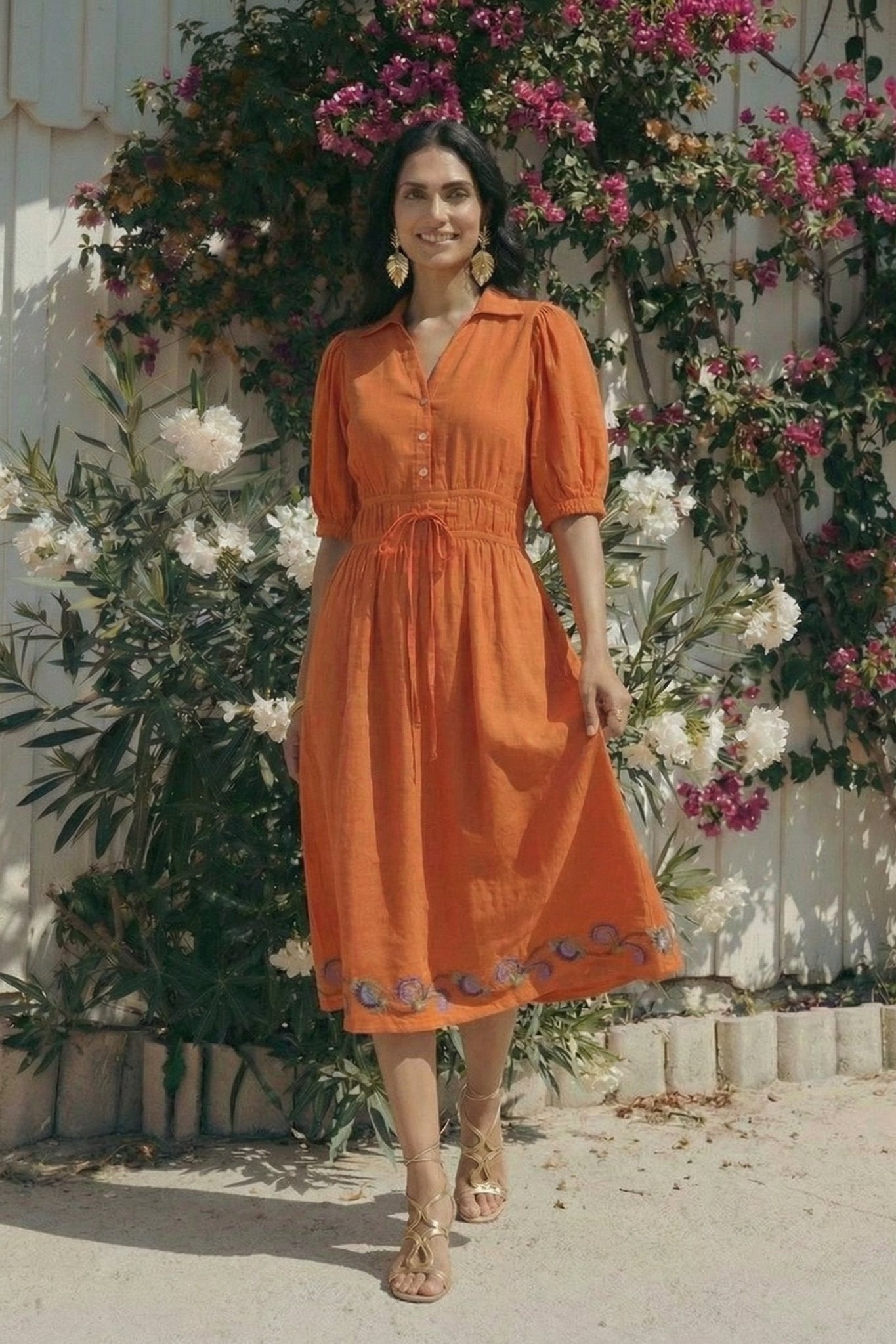 Crosscraft Gathered Dress with Embroidered Panel - Western Era Dresses for women