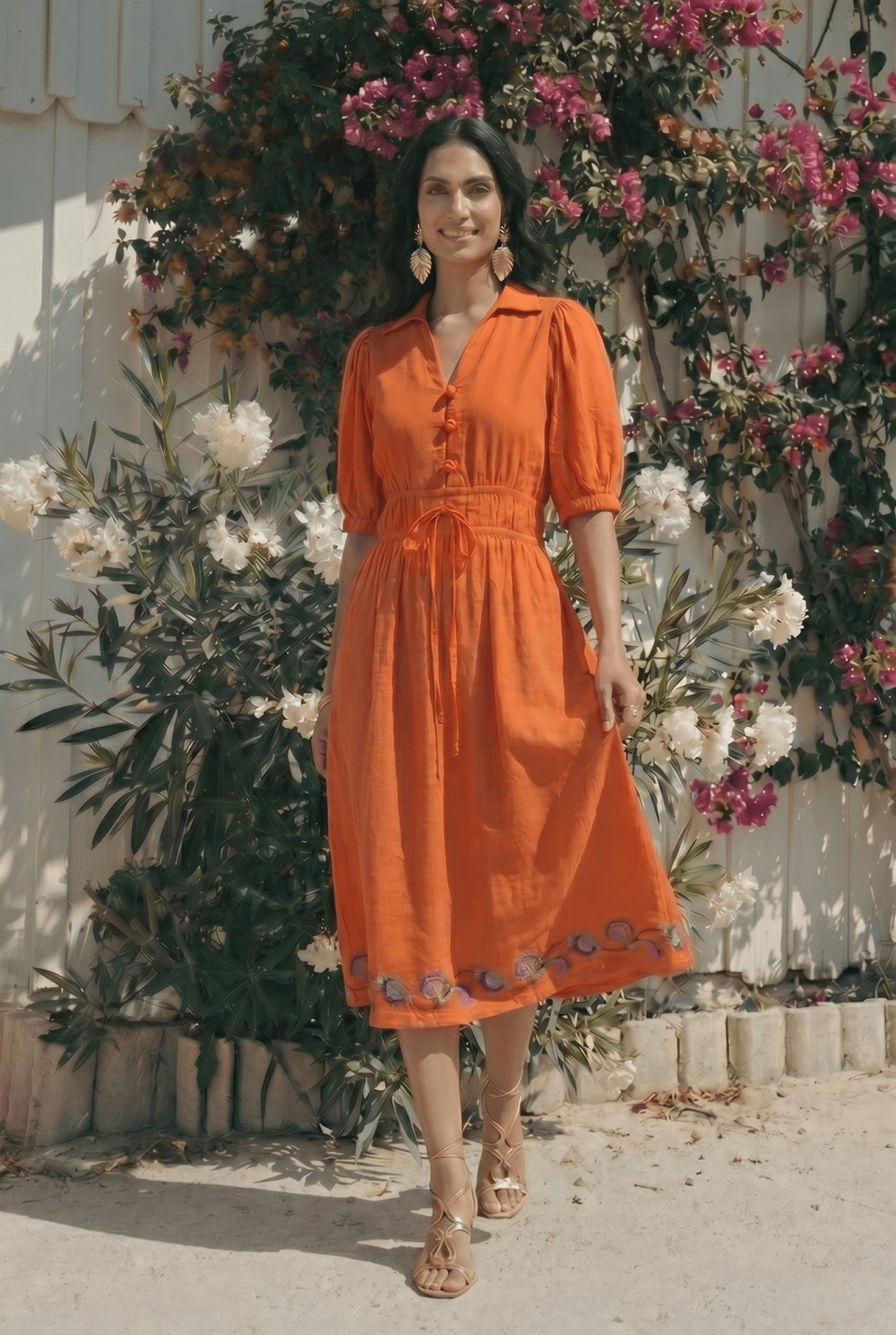 Crosscraft Gathered Dress with Embroidered Panel - Western Era Dresses for women