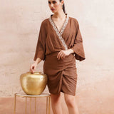 Dori Embroidery Wrap Around Brown Dress - Western Era Dresses for women