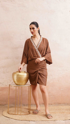 Dori Embroidery Wrap Around Brown Dress - Western Era Dresses for women