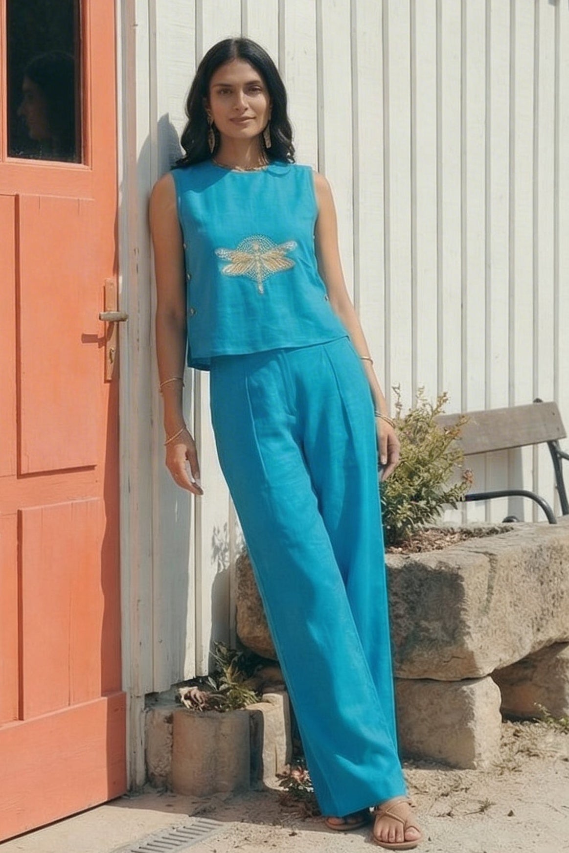 Dragonfly Embroidered Top with Side Button Styling Co - ord Set - Western Era Co - ord set for women