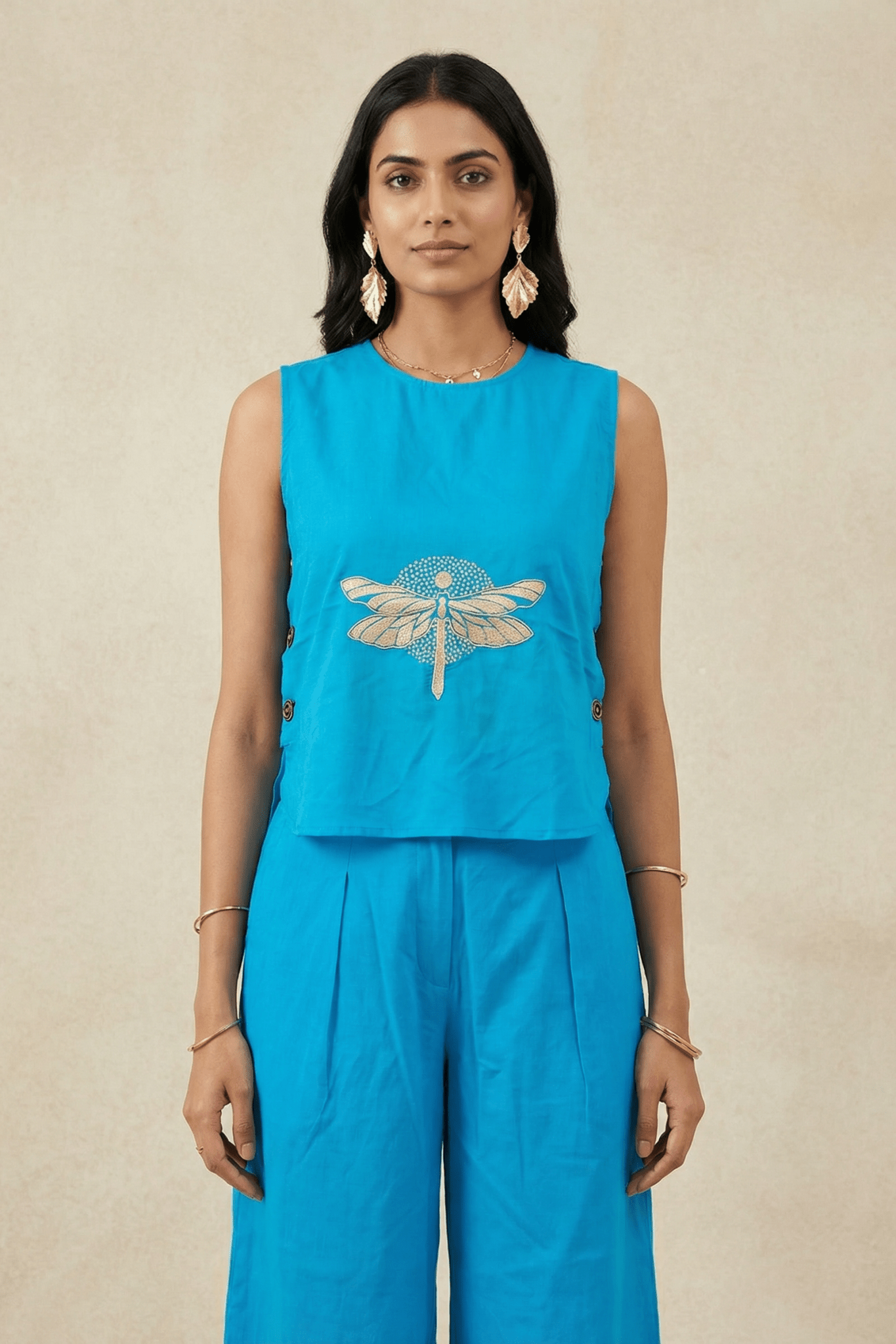 Dragonfly Embroidered Top with Side Button Styling Co - ord Set - Western Era Co - ord set for women