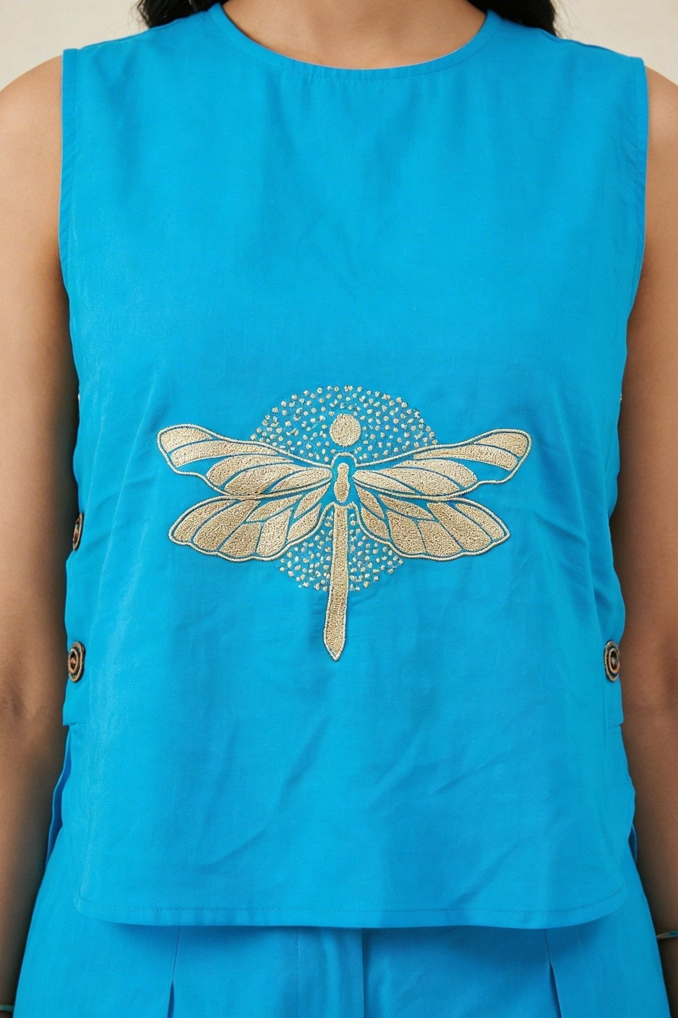 Dragonfly Embroidered Top with Side Button Styling Co - ord Set - Western Era Co - ord set for women