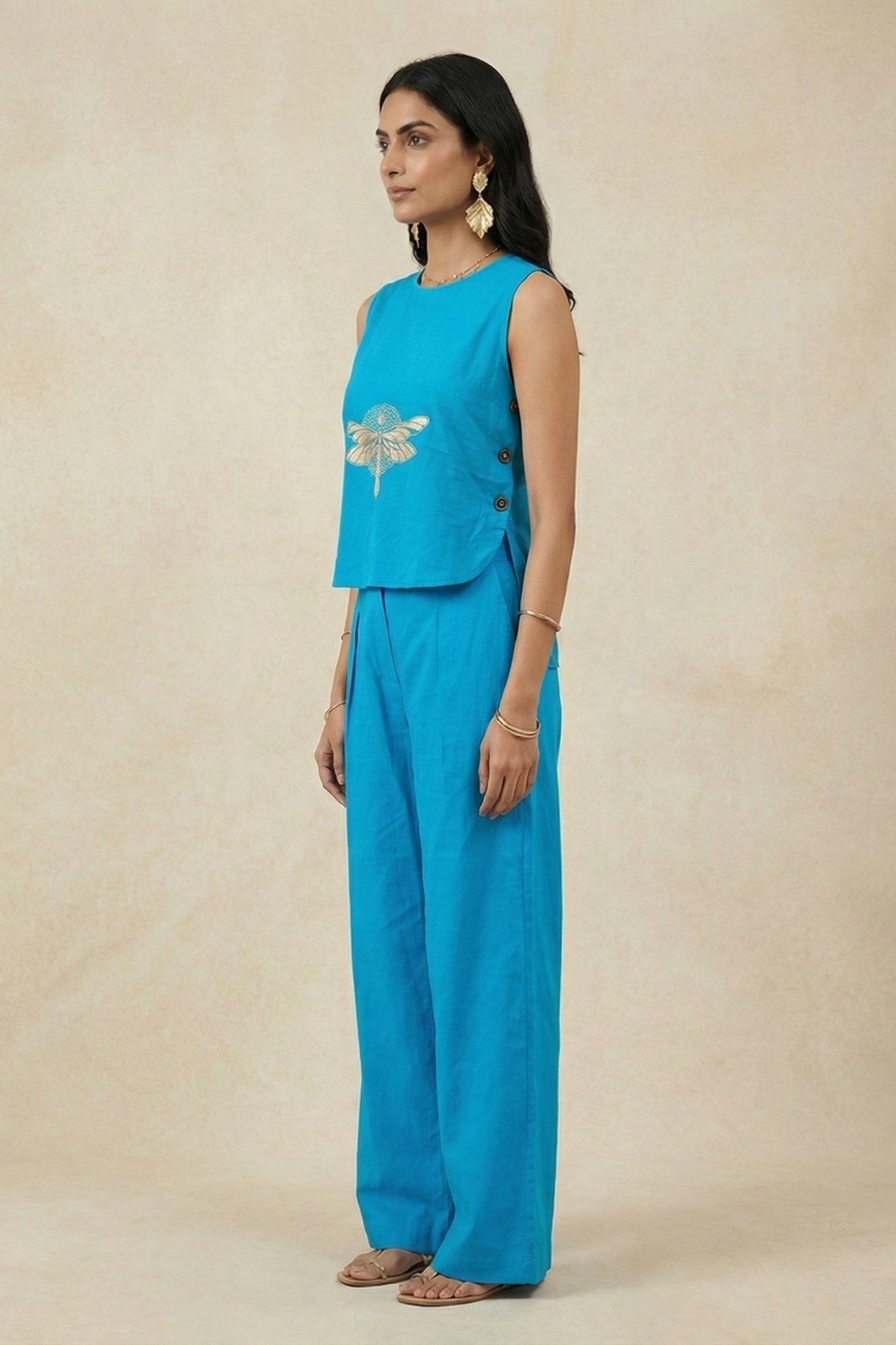 Dragonfly Embroidered Top with Side Button Styling Co - ord Set - Western Era Co - ord set for women