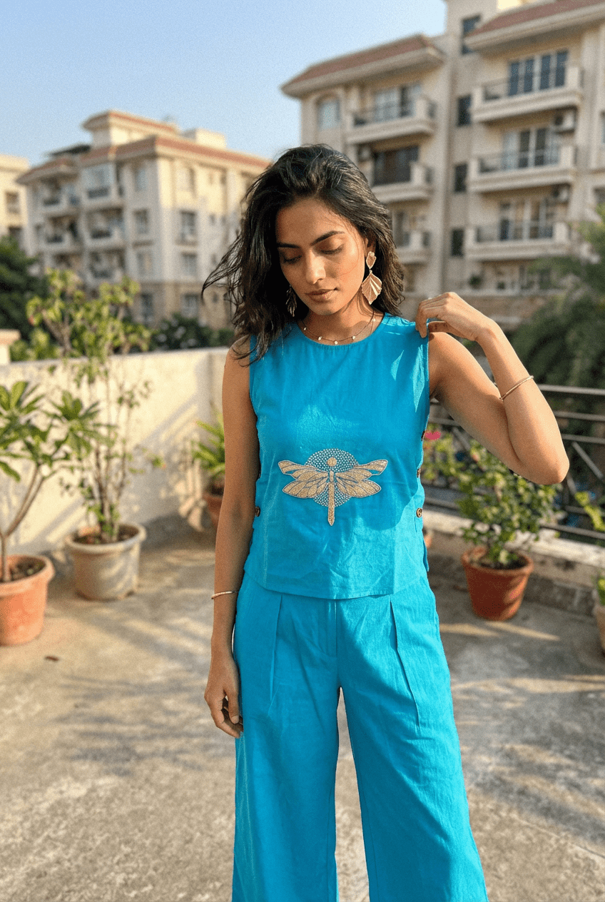 Dragonfly Embroidered Top with Side Button Styling - Western Era Overtop for women