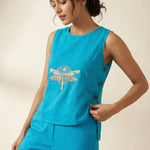 Dragonfly Embroidered Top with Side Button Styling - Western Era Overtop for women