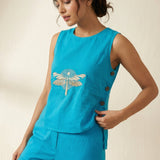 Dragonfly Embroidered Top with Side Button Styling - Western Era Overtop for women