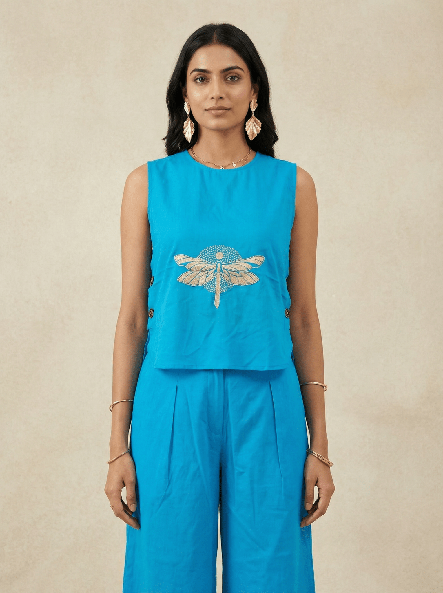 Dragonfly Embroidered Top with Side Button Styling - Western Era Overtop for women