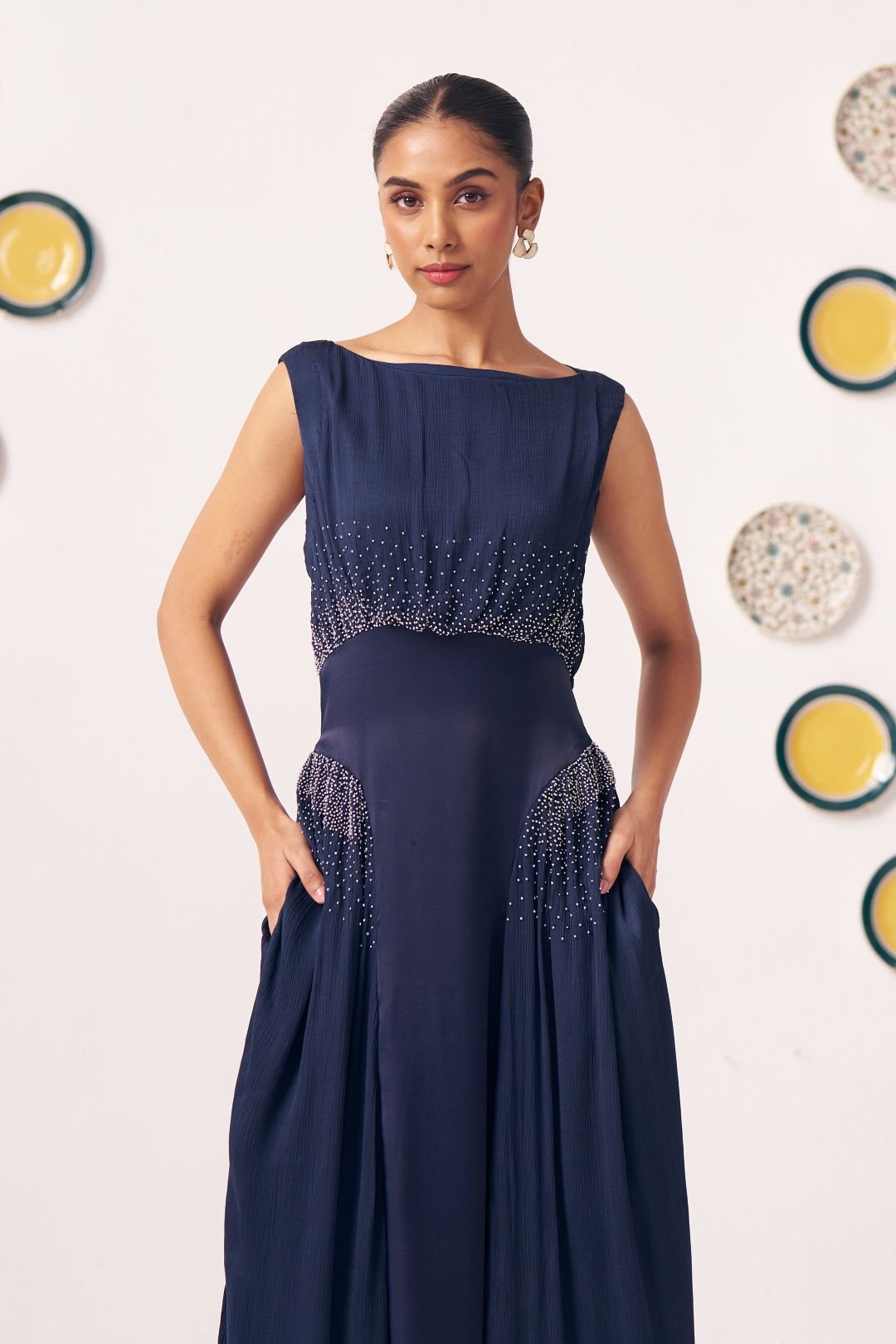 navy blue western dress for women Women Solid Navy Blue Western Cuff Dress Party Wear Dress Attractive Look