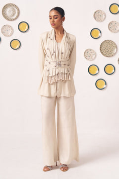 Elara Ivory Embellished Layered Jacket Top & Straight Pants Co - Ord Set - Western Era Co - ord set for women