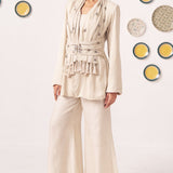Elara Ivory Embellished Layered Jacket Top & Straight Pants Co - Ord Set - Western Era Co - ord set for women