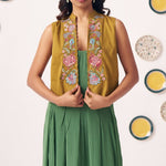 Embroidered Gold Jacket With Box pleat Strappy Dress - Western Era Dresses for women