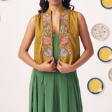 Embroidered Gold Jacket With Box pleat Strappy Dress - Western Era Dresses for women